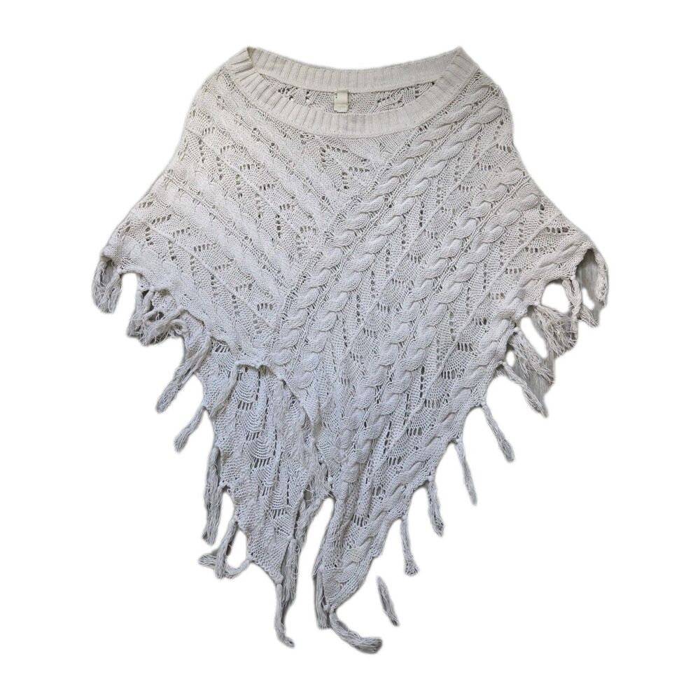 VTG Mudd Crochet Knit Poncho Fringe Boho Festival Western White L/XL Y2K GUC